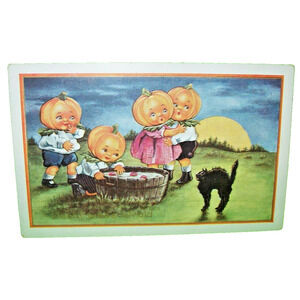 Halloween Anthropomorphic Postcard Whitney Pixies Fantasy Goblin Head Children